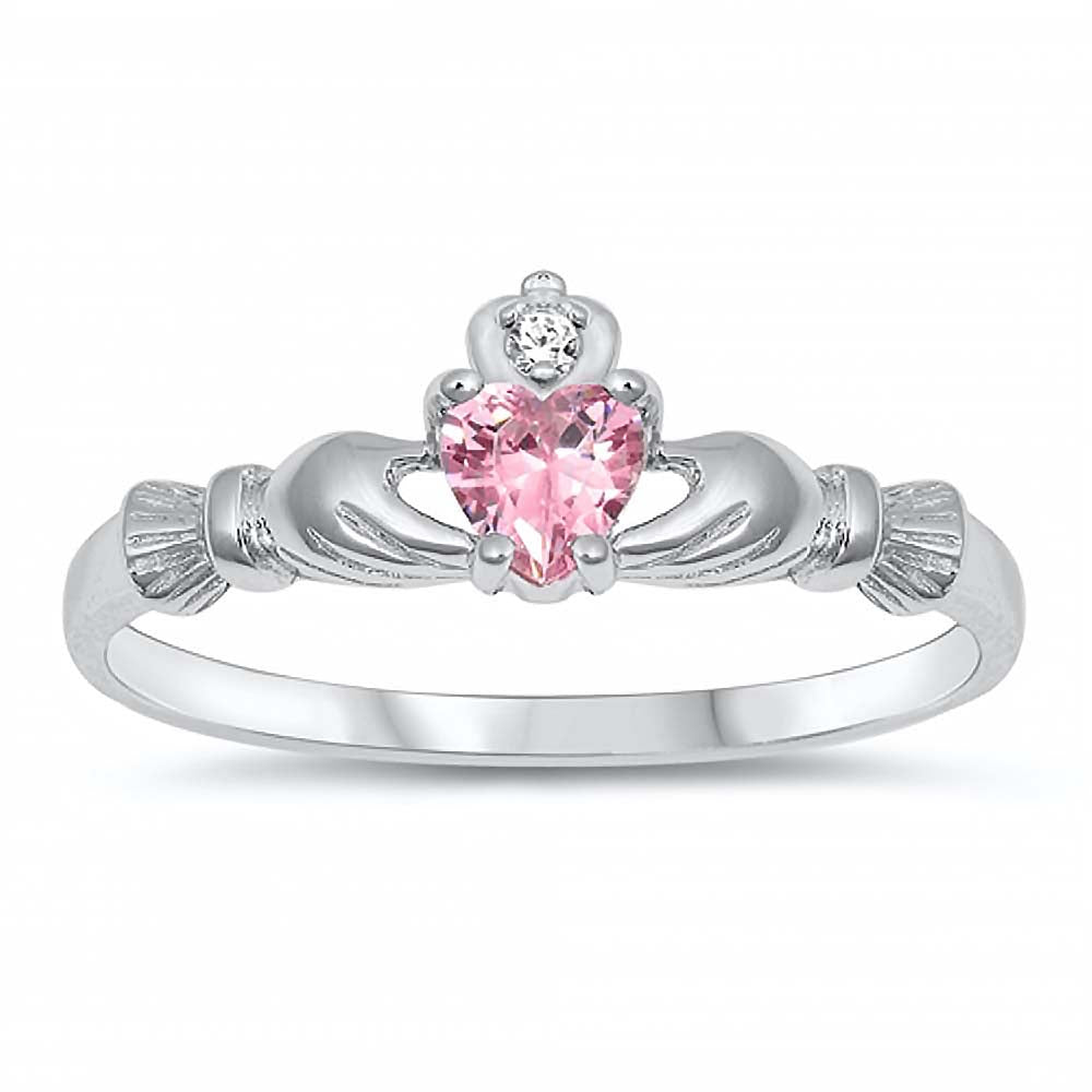 Sterling Silver Rhodium Plated Prong-Set Heart Pink Cz Baby Ring with Ring Face Height of 7MM