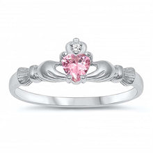 Load image into Gallery viewer, Sterling Silver Rhodium Plated Prong-Set Heart Pink Cz Baby Ring with Ring Face Height of 7MM