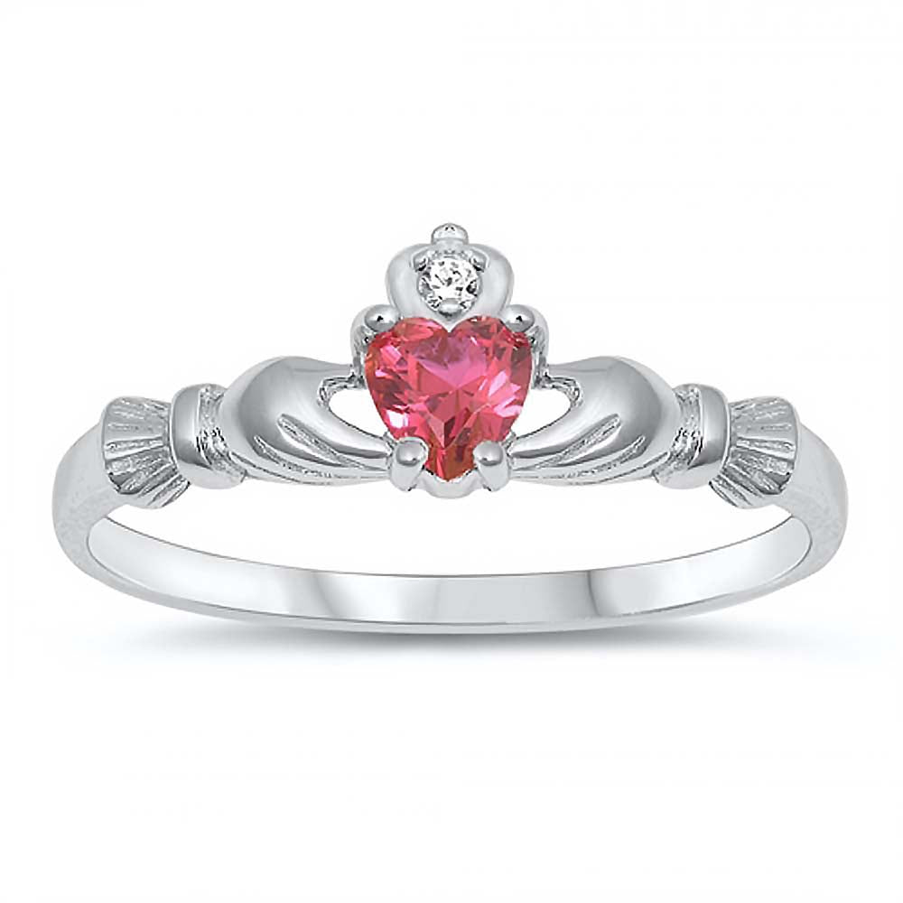 Sterling Silver Rhodium Plated Prong-Set Heart Ruby Cz Baby Ring with Ring Face Height of 7MM