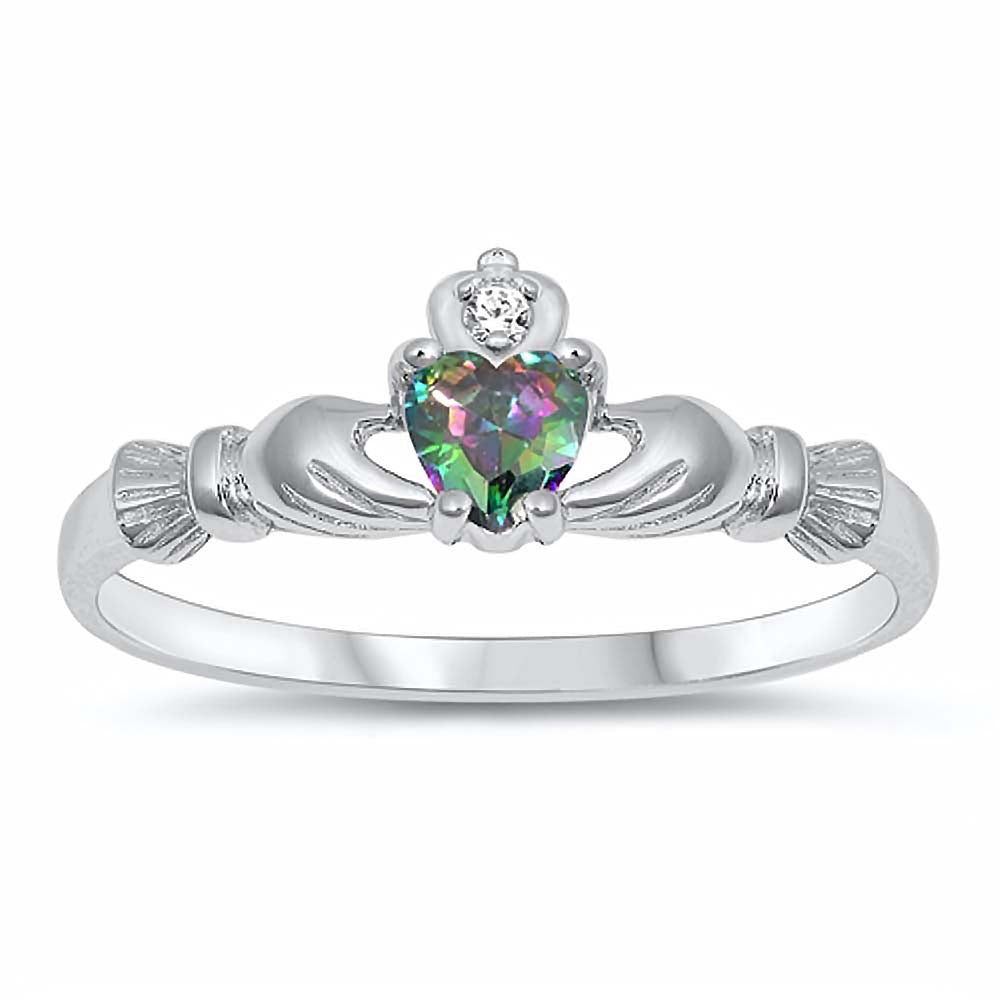 Sterling Silver Rhodium Plated Prong-Set Heart Rainbow topaz Cz Baby Ring with Ring Face Height of 7MM