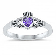 Load image into Gallery viewer, Sterling Silver Rhodium Plated Heart Amethyst Cz Baby Ring with Ring Face Height of 7MM
