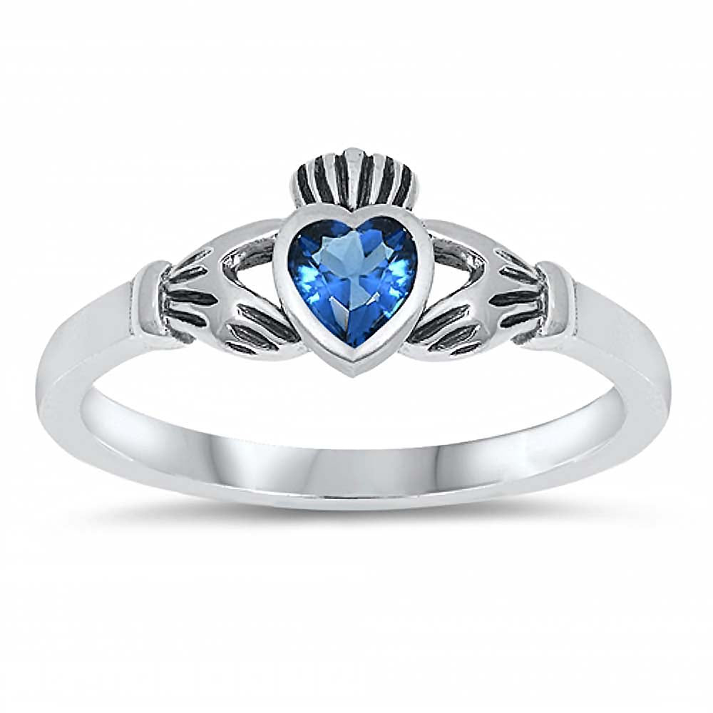 Sterling Silver Rhodium Plated Heart Blue Sapphire Cz Baby Ring with Ring Face Height of 7MM