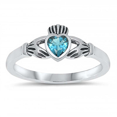 Sterling Silver Rhodium Plated Heart Blue Topaz Cz Baby Ring with Ring Face Height of 7MM