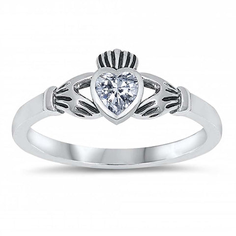 Sterling Silver Rhodium Plated Heart Clear Cz Baby Ring with Ring Face Height of 7MM