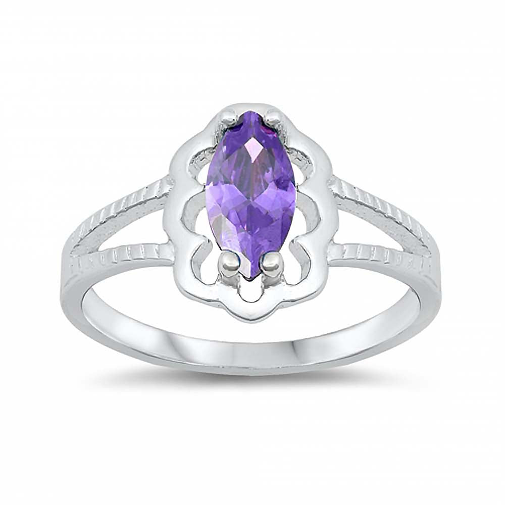 Sterling Silver Rhodium Plated Prong-Set Marquise-Cut Amethyst Cz Split Band Baby Ring with Ring Face Height of 11MM and Ring Band Width of 2MM