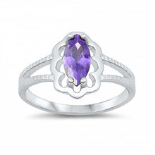Load image into Gallery viewer, Sterling Silver Rhodium Plated Prong-Set Marquise-Cut Amethyst Cz Split Band Baby Ring with Ring Face Height of 11MM and Ring Band Width of 2MM