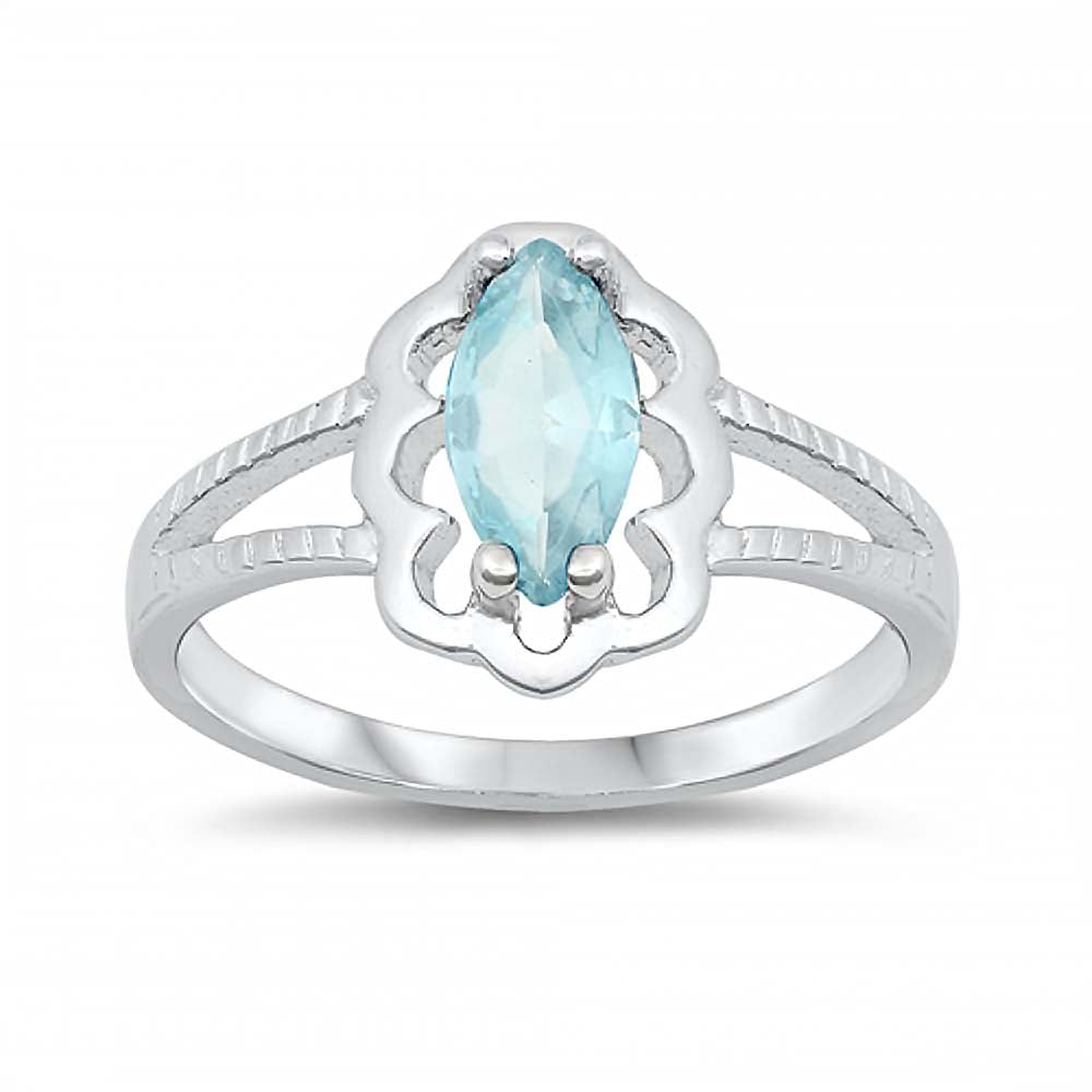 Sterling Silver Rhodium Plated Prong-Set Marquise-Cut Aquamarine Cz Split Band Baby Ring with Ring Face Height of 11MM and Ring Band Width of 2MM