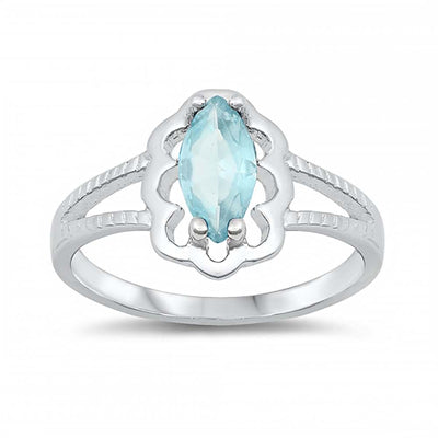 Sterling Silver Rhodium Plated Prong-Set Marquise-Cut Aquamarine Cz Split Band Baby Ring with Ring Face Height of 11MM and Ring Band Width of 2MM
