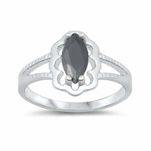 Load image into Gallery viewer, Sterling Silver Rhodium Plated Prong-Set Marquise-Cut Black Cz Split Band Baby Ring with Ring Face Height of 11MM and Ring Band Width of 2MM