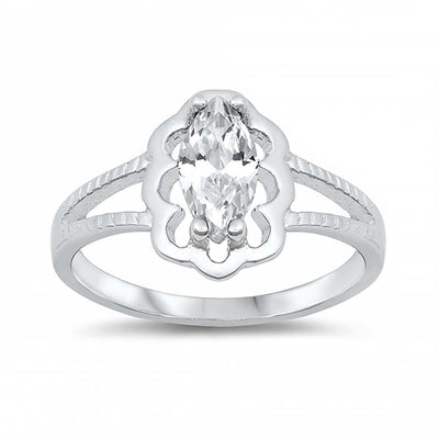 Sterling Silver Rhodium Plated Prong-Set Marquise-Cut Clear Cz Split Band Baby Ring with Ring Face Height of 11MM and Ring Band Width of 2MM
