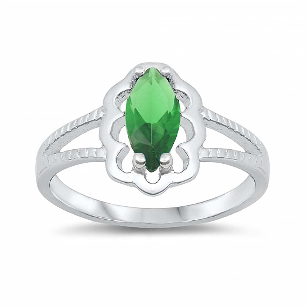Sterling Silver Rhodium Plated Prong-Set Marquise-Cut Emerald Cz Split Band Baby Ring with Ring Face Height of 11MM and Ring Band Width of 2MM