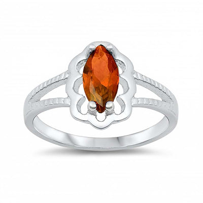 Sterling Silver Rhodium Plated Prong-Set Marquise-Cut Garnet Cz Split Band Baby Ring with Ring Face Height of 11MM and Ring Band Width of 2MM