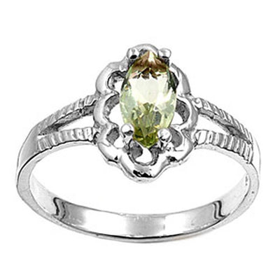 Sterling Silver Rhodium Plated Prong-Set Marquise-Cut Peridot Cz Split Band Baby Ring with Ring Face Height of 11MM and Ring Band Width of 2MM
