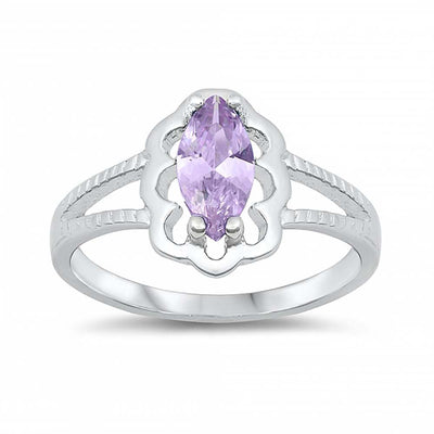 Sterling Silver Rhodium Plated Prong-Set Marquise-Cut Lavender Cz Split Band Baby Ring with Ring Face Height of 11MM and Ring Band Width of 2MM