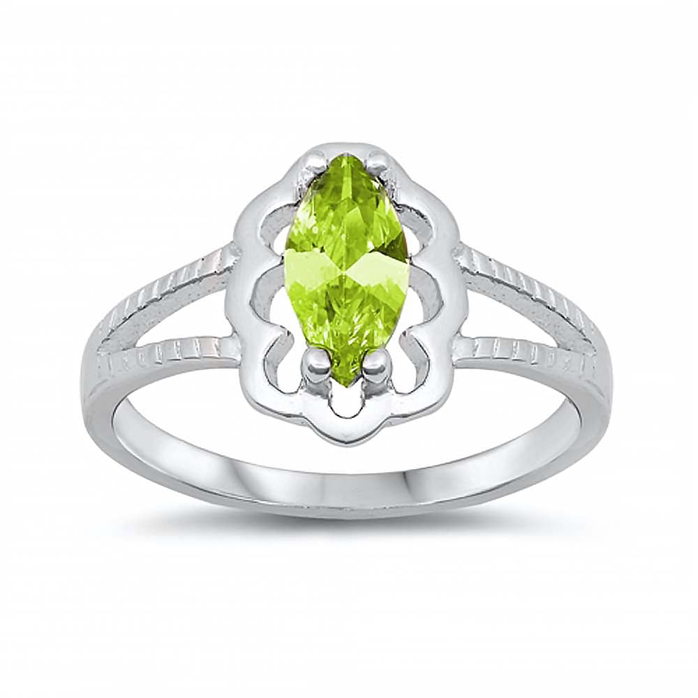 Sterling Silver Rhodium Plated Prong-Set Marquise-Cut Peridot Cz Split Band Baby Ring with Ring Face Height of 11MM and Ring Band Width of 2MM