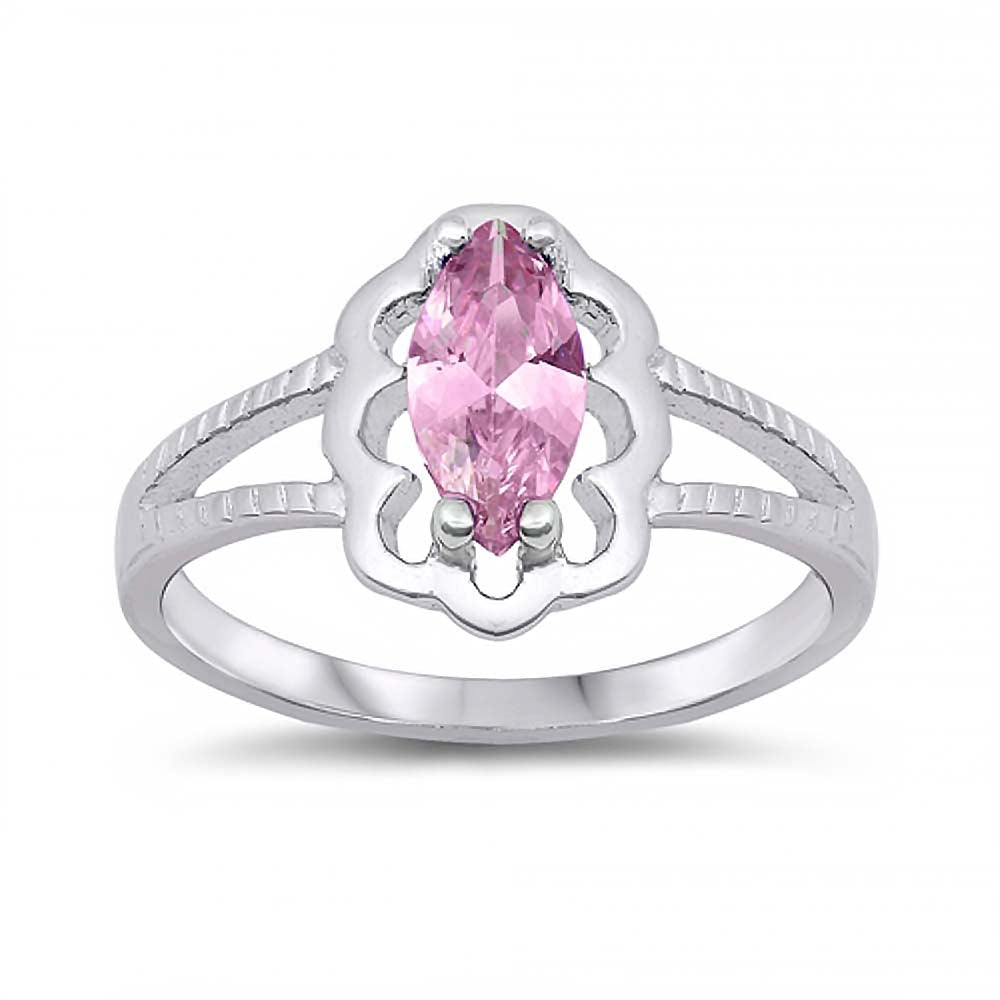Sterling Silver Rhodium Plated Prong-Set Marquise-Cut Pink Cz Split Band Baby Ring with Ring Face Height of 11MM and Ring Band Width of 2MM