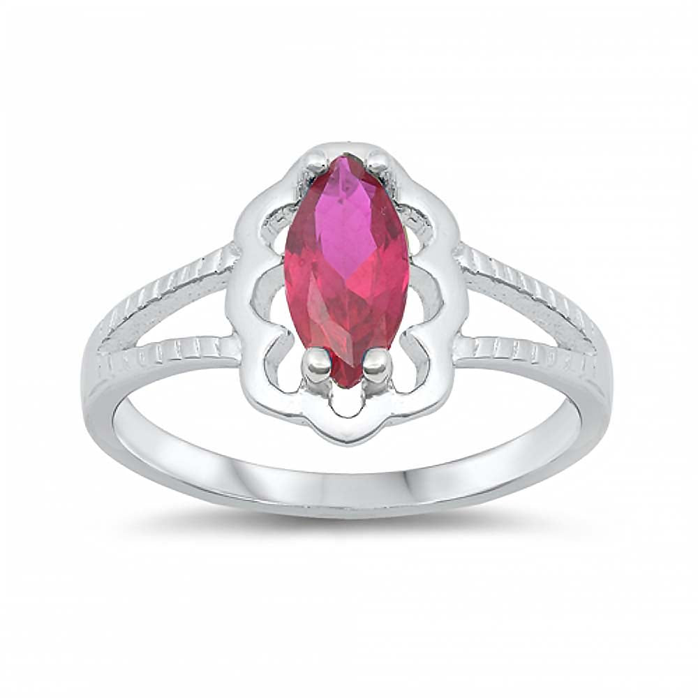 Sterling Silver Rhodium Plated Prong-Set Marquise-Cut Ruby Cz Split Band Baby Ring with Ring Face Height of 11MM and Ring Band Width of 2MM