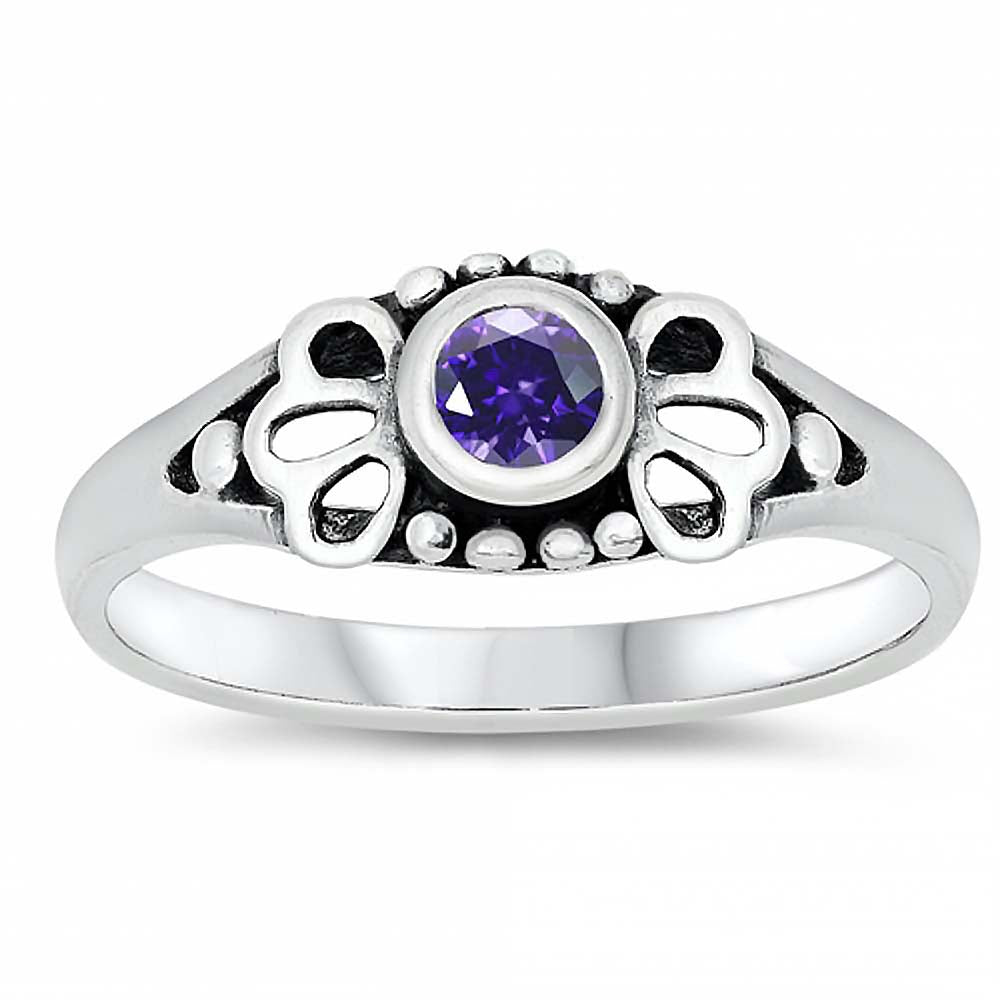 Sterling Silver Rhodium Plated Round-Cut Amethyst Cz Beads and Flower Shape Design Split Band Baby Ring with Ring Face Height of 5MM and Ring Band Width of 2MM