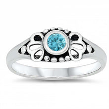 Load image into Gallery viewer, Sterling Silver Rhodium Plated Round-Cut Aquamarine Cz Beads and Flower Shape Design Split Band Baby Ring with Ring Face Height of 5MM and Ring Band Width of 2MM