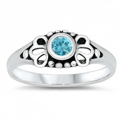 Sterling Silver Rhodium Plated Round-Cut Aquamarine Cz Beads and Flower Shape Design Split Band Baby Ring with Ring Face Height of 5MM and Ring Band Width of 2MM