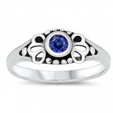 Sterling Silver Rhodium Plated Round-Cut Blue Sapphire Cz Beads and Flower Shape Design Split Band Baby Ring with Ring Face Height of 5MM and Ring Band Width of 2MM