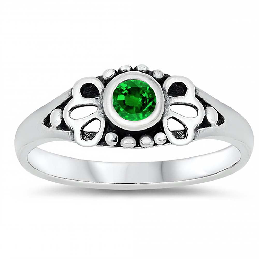 Sterling Silver Rhodium Plated Round-Cut Emerald Cz Beads and Flower Shape Design Split Band Baby Ring with Ring Face Height of 5MM and Ring Band Width of 2MM