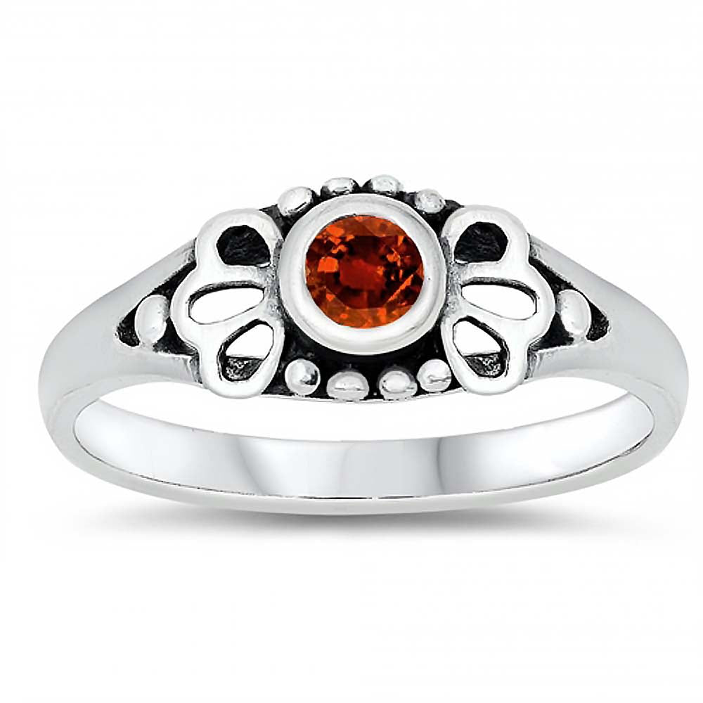 Sterling Silver Rhodium Plated Round-Cut Garnet Cz Beads and Flower Shape Design Split Band Baby Ring with Ring Face Height of 5MM and Ring Band Width of 2MM