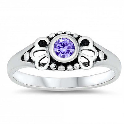 Sterling Silver Rhodium Plated Round-Cut Lavender Cz Beads and Flower Shape Design Split Band Baby Ring with Ring Face Height of 5MM and Ring Band Width of 2MM