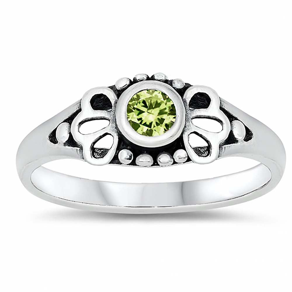 Sterling Silver Rhodium Plated Round-Cut Peridot Cz Beads and Flower Shape Design Split Band Baby Ring with Ring Face Height of 5MM and Ring Band Width of 2MM