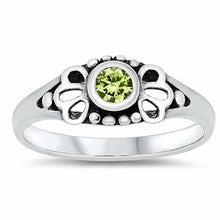 Load image into Gallery viewer, Sterling Silver Rhodium Plated Round-Cut Peridot Cz Beads and Flower Shape Design Split Band Baby Ring with Ring Face Height of 5MM and Ring Band Width of 2MM
