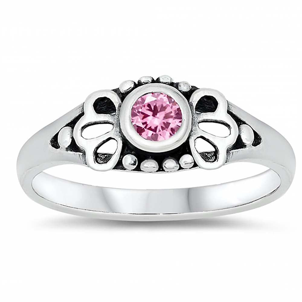Sterling Silver Rhodium Plated Round-Cut Pink Cz Beads and Flower Shape Design Split Band Baby Ring with Ring Face Height of 5MM and Ring Band Width of 2MM