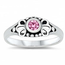 Load image into Gallery viewer, Sterling Silver Rhodium Plated Round-Cut Pink Cz Beads and Flower Shape Design Split Band Baby Ring with Ring Face Height of 5MM and Ring Band Width of 2MM