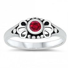 Load image into Gallery viewer, Sterling Silver Rhodium Plated Round-Cut Ruby Cz Beads and Flower Shape Design Split Band Baby Ring with Ring Face Height of 5MM and Ring Band Width of 2MM