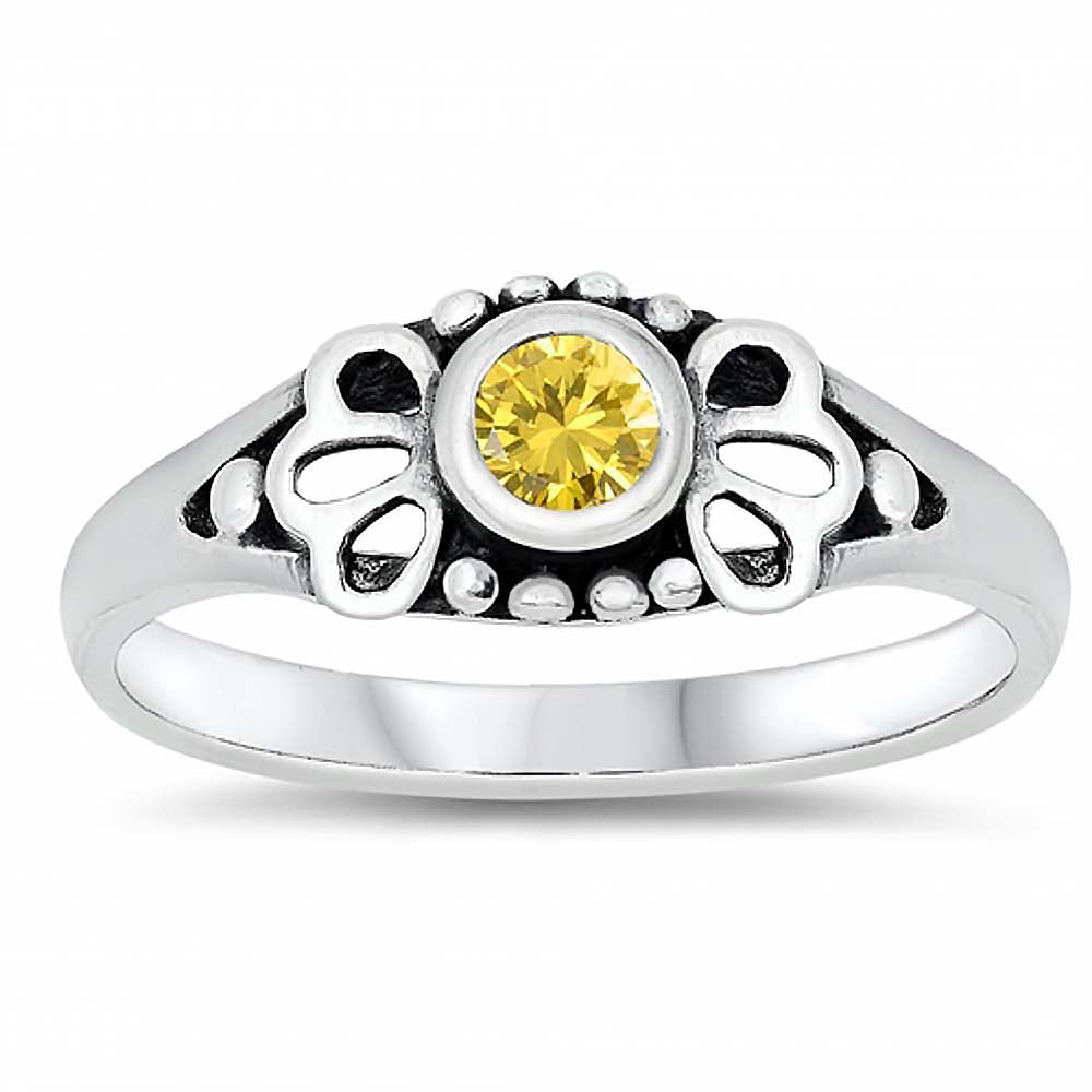 Sterling Silver Rhodium Plated Round-Cut Yellow Cz Beads and Flower Shape Design Split Band Baby Ring with Ring Face Height of 5MM and Ring Band Width of 2MM