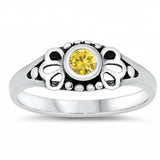 Sterling Silver Rhodium Plated Round-Cut Yellow Cz Beads and Flower Shape Design Split Band Baby Ring with Ring Face Height of 5MM and Ring Band Width of 2MM
