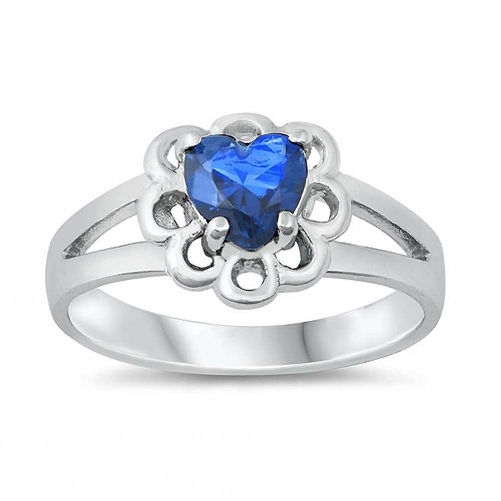 Sterling Silver Rhodium Plated Prong-Set Heart-Cut Blue Sapphire Cz Split Band Baby Ring with Ring Face Height of 8MM