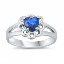 Load image into Gallery viewer, Sterling Silver Rhodium Plated Prong-Set Heart-Cut Blue Sapphire Cz Split Band Baby Ring with Ring Face Height of 8MM