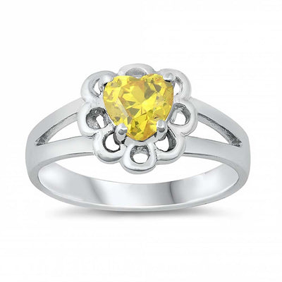 Sterling Silver Rhodium Plated Prong-Set Heart Yellow Cz Split Band Baby Ring with Ring Face Height of 8MM