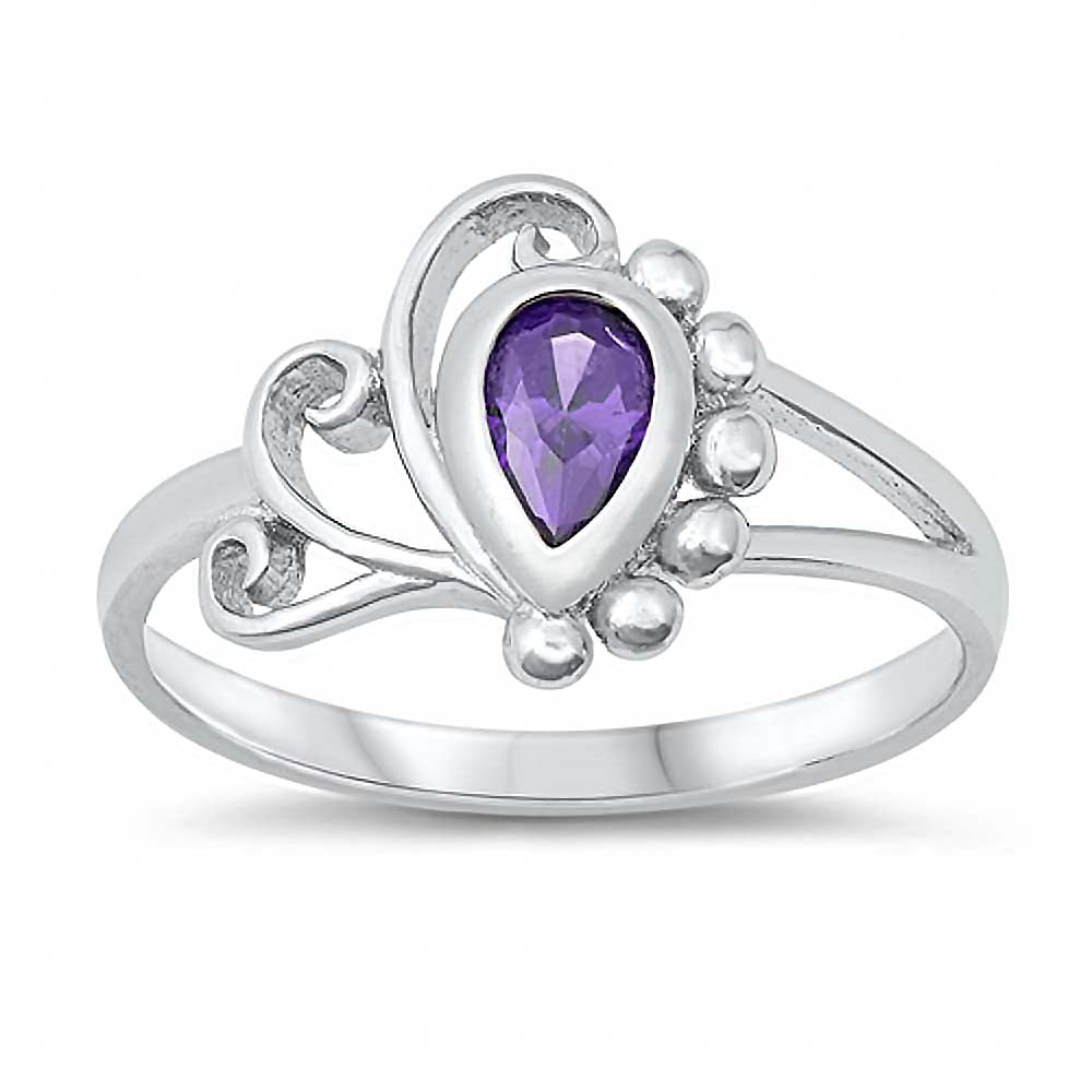 Sterling Silver Rhodium Plated Pearshape-Cut Amethyst Cz Swirl and Bead Design Split Band Baby Ring with Ring Face Height of 10MM