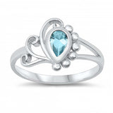 Sterling Silver Rhodium Plated Pearshape-Cut Aquamarine Cz Swirl and bead Design Split Band Baby Ring with Ring Face Height of 10MM