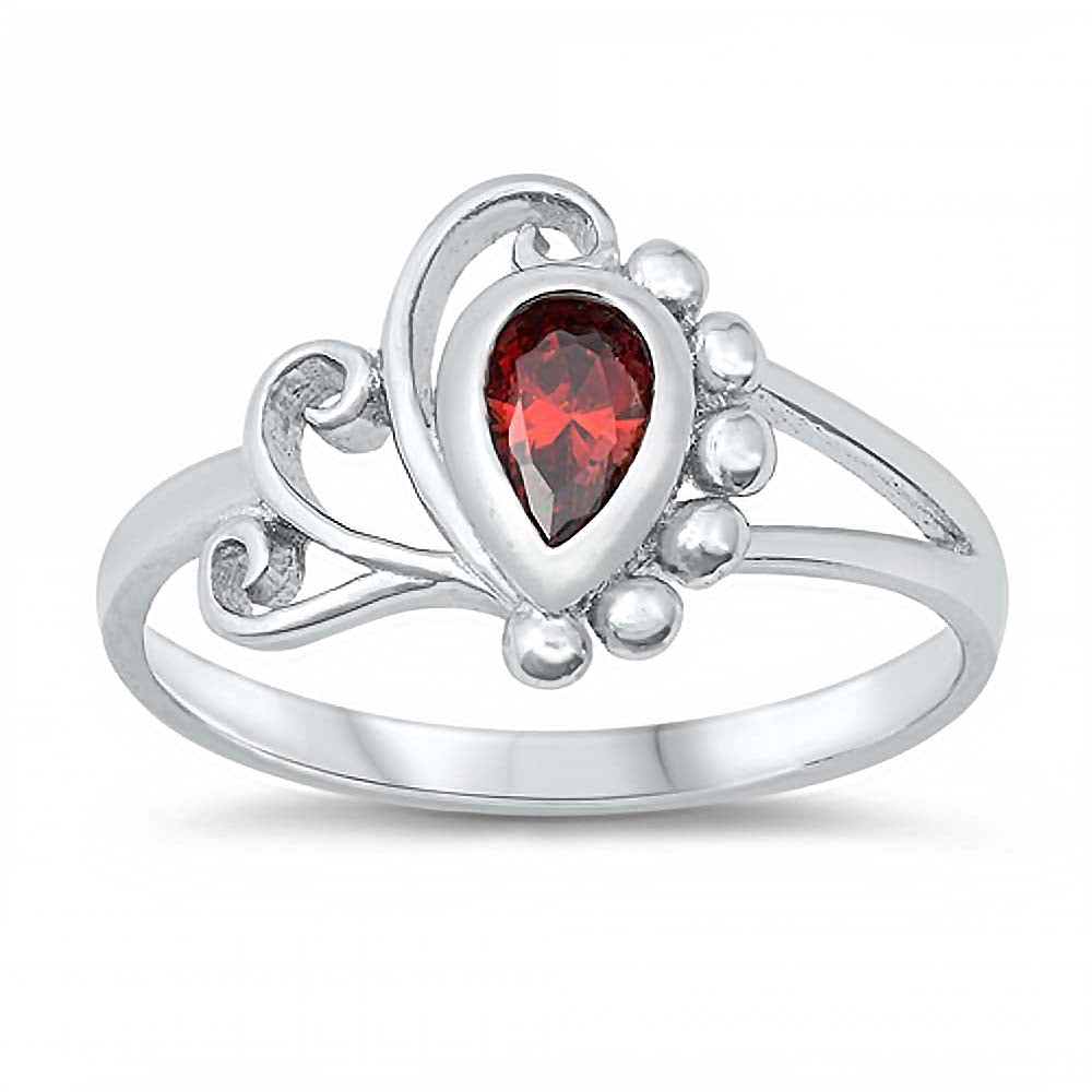 Sterling Silver Rhodium Plated Pearshape-Cut Garnet Cz Swirl and Bead Design Split Band Baby Ring with Ring Face Height of 10MM