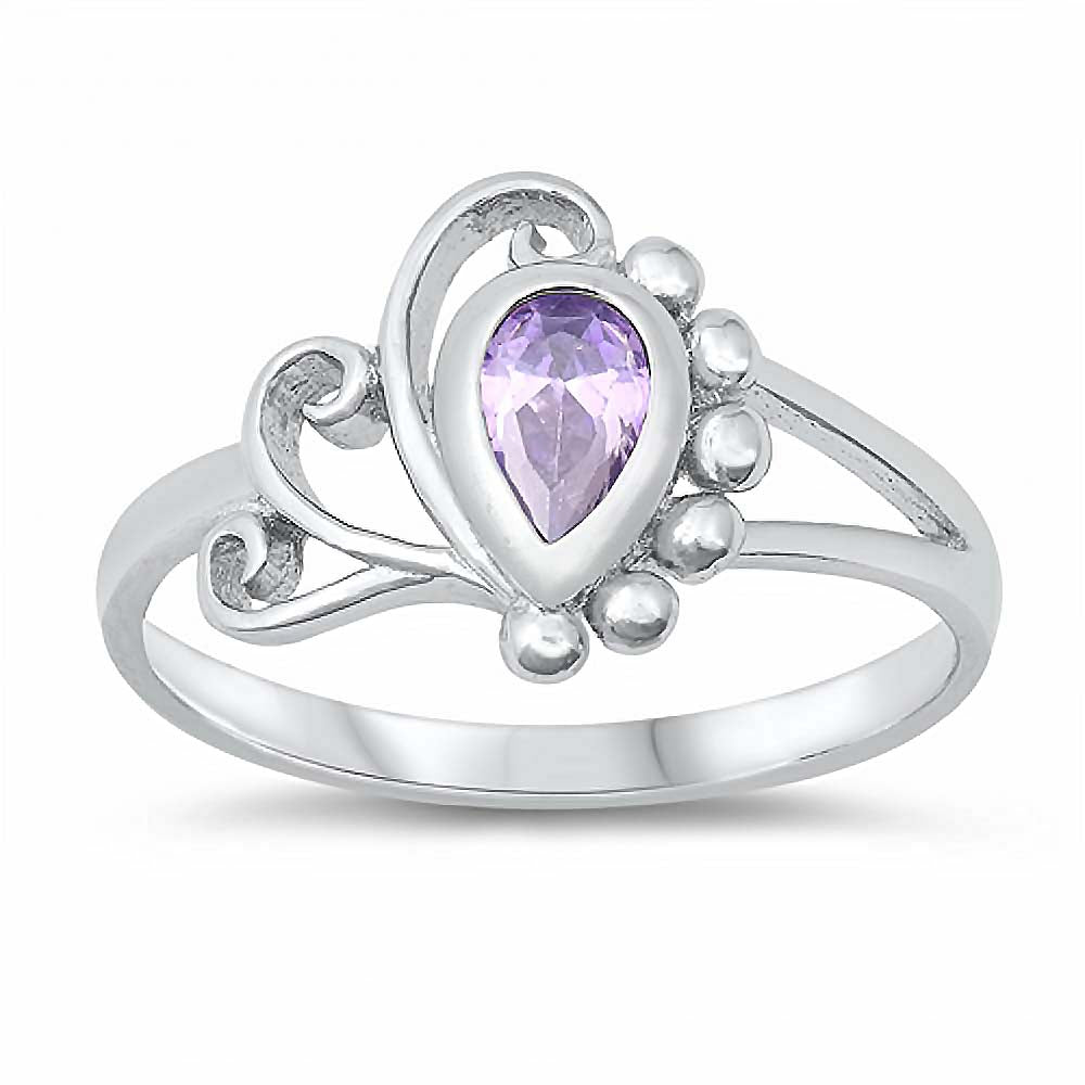 Sterling Silver Rhodium Plated Pearshape-Cut Lavender Cz Swirl and Bead Design Split Band Baby Ring with Ring Face Height of 10MM