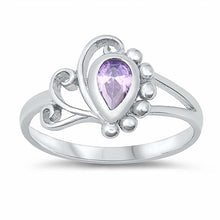Load image into Gallery viewer, Sterling Silver Rhodium Plated Pearshape-Cut Lavender Cz Swirl and Bead Design Split Band Baby Ring with Ring Face Height of 10MM