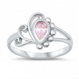Sterling Silver Rhodium Plated Pearshape-Cut Pink Cz Swirl and Bead Design Split Band Baby Ring with Ring Face Height of 10MM
