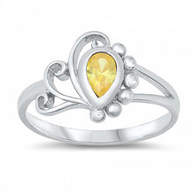 Load image into Gallery viewer, Sterling Silver Rhodium Plated Pearshape-Cut Yellow Cz Swirl and bead Design Split Band Baby Ring with Ring Face Height of 10MM