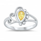 Sterling Silver Rhodium Plated Pearshape-Cut Yellow Cz Swirl and bead Design Split Band Baby Ring with Ring Face Height of 10MM