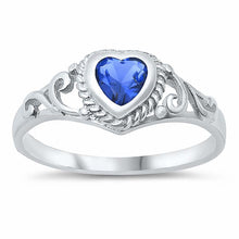 Load image into Gallery viewer, Sterling Silver Rhodium Plated Heart-Cut Blue Sapphire Cz and Swirl Design Baby Ring with Ring Face Height of 7MM and Ring Band Width of 2MM