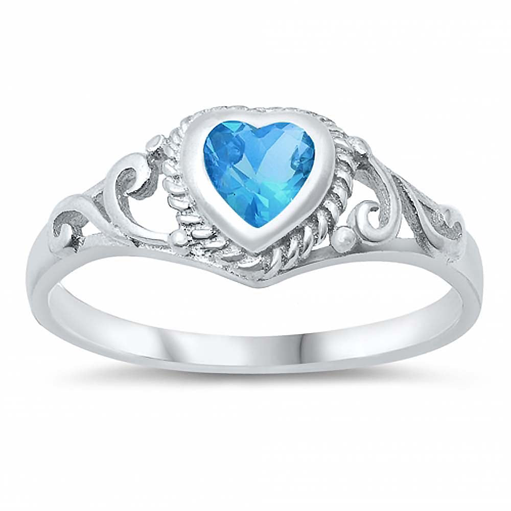 Sterling Silver Rhodium Plated Heart-Cut Blue Topaz Cz and Swirl Design Baby Ring with Ring Face Height of 7MM and Ring Band Width of 2MM