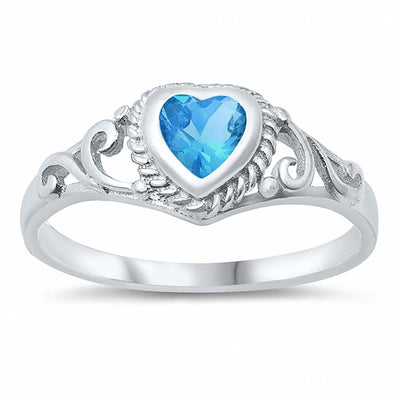 Sterling Silver Rhodium Plated Heart-Cut Blue Topaz Cz and Swirl Design Baby Ring with Ring Face Height of 7MM and Ring Band Width of 2MM
