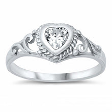 Load image into Gallery viewer, Sterling Silver Rhodium Plated Heart-Cut Clear Cz and Swirl Design Baby Ring with Ring Face Height of 7MM and Ring Band Width of 2MM